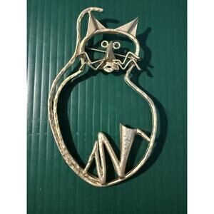 Modernist Style 3.5” Cat Brooch Abstract Brass Tone Metal Art Pin